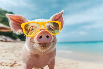 Wall Mural - photo of a happy pig wearing yellow sunglasses, with a blue sky and beach background