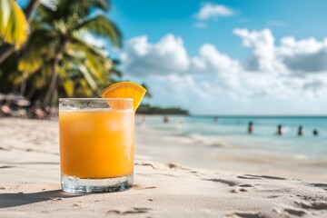 Wall Mural - a cocktail with orange juice and coconut water, sitting on the edge of an ocean beach, with a blue s