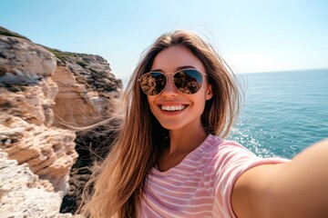 Wall Mural - a woman is smiling and taking a selfie with a smartphone on the coast, wearing sunglasses. the backg
