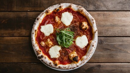 Sticker - Rustic pizza with a crispy crust and creamy toppings on a round plate, centered on a dark wooden table with natural grain texture.