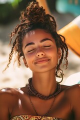 Wall Mural - an exotic woman, at the beach, tanning on sunbeds, wearing a tube top and necklace, with a playful s