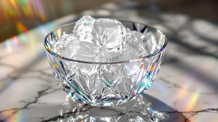 Poster - A clear glass bowl filled with ice cubes placed on a marble surface, with a blurred background.