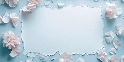 Aufkleber - Floral stationery mockup with a torn edge blank card centered on a light blue background surrounded by delicate pink hydrangea petals