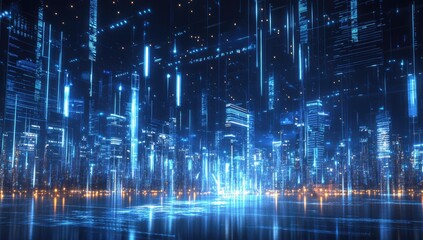 Wall Mural - futuristic city skyline with digital data overlay. possible use stock photo for technology, innovati