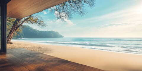 Aufkleber - Scenic coastal view from a modern wooden terrace with sandy beach, gentle waves, and lush green trees under a clear blue sky at sunrise