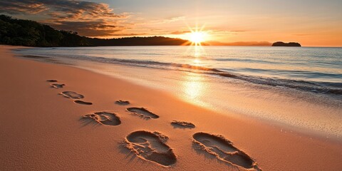 Aufkleber - Footprints on a serene sandy beach at sunset with golden hues reflecting on the water and soft waves lapping at the shore.
