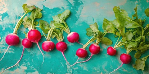 Poster - Fresh radishes in a row with green leaves on a bright turquoise background showcasing vibrant colors and a natural layout of vegetables.