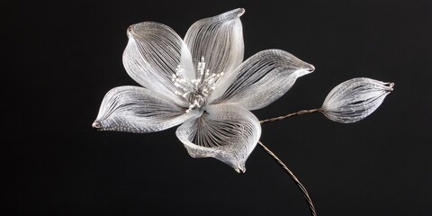 Aufkleber - Delicate silver wire flower with intricate transparent petals against a dark background, featuring a prominent blossom and elegant bud on a slender stem.