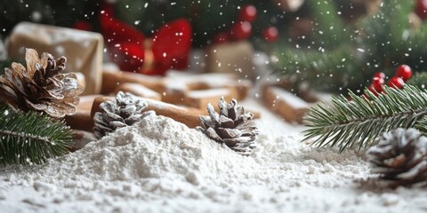Poster - Festive Christmas scene with flour and pine cones surrounded by greenery and red accents on a snowy background creating a warm holiday ambiance