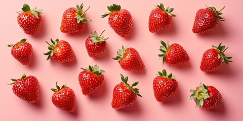 Poster - Fresh and vibrant strawberries scattered on a soft pink background showcasing their rich red color and green leaves for a delightful culinary theme