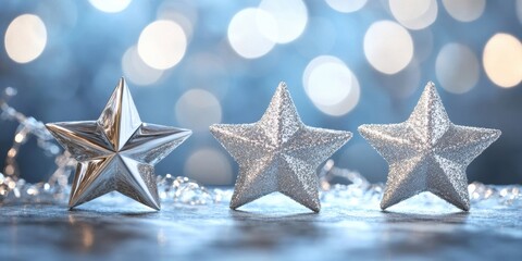 Poster - Shimmering silver stars in foreground with blurred blue and gray bokeh background creating a dreamy atmosphere ideal for creative projects