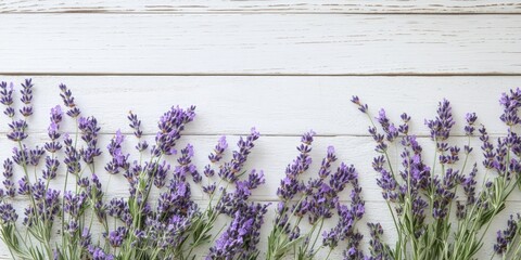 Aufkleber - Lavender flowers in vibrant purple hues arranged harmoniously on a white wooden table creating a serene and natural aesthetic.