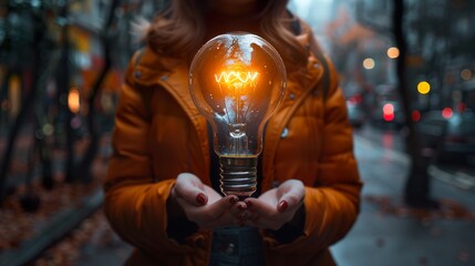 Wall Mural - cropped business woman holding light bulb concept of idea, innovation, creativity, thinking, illustr