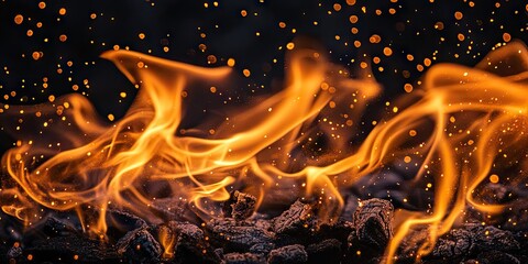 Poster - Vibrant orange flames dance gracefully above dark charred wood, with glowing sparks illuminating the scene, creating a dramatic fire effect.