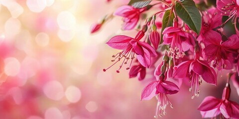 Aufkleber - Vibrant fuchsia flowers with rich pink petals clustered to the right against a soft bokeh background in warm tones of pink and cream.