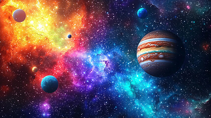 Wall Mural - A stunning cosmic scene featuring colorful nebulae, stars, and planets, including a prominent gas giant adorned with bands in a vibrant galaxy.
