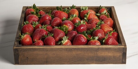 Poster - Freshly harvested plump red strawberries piled in a rustic wooden crate on a light marble surface with vibrant green leaves peeking out.