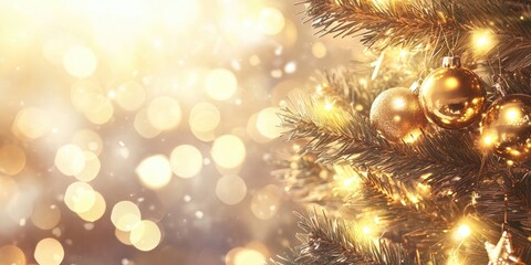 Poster - Festive golden bokeh lights illuminate a Christmas tree with shiny ornaments on the right and a shimmering soft background to the left