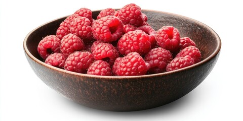 Poster - Vibrant red raspberries in a dark rustic bowl positioned at the center against a white background showcasing their juiciness and rich color.