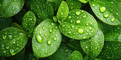 Wall Mural - Fresh green leaves with droplets of water glistening over their surface, arranged densely on a natural background, showcasing vibrant shades of green.