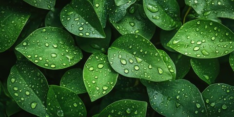 Aufkleber - Fresh green leaves with water droplets, layered arrangement on a dark background, showcasing vibrant textures and rich colors of nature.