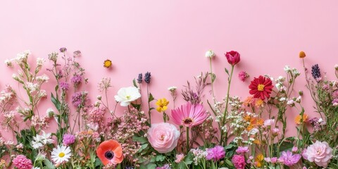 Aufkleber - Vibrant flat lay of assorted garden flowers in varying shades on a soft pink background with abundant copy space at the top for text.