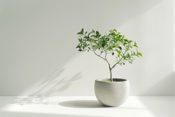 Wall Mural - Small indoor plant thriving in a minimalist pot with natural light illuminating its leaves. Space for text on a light background