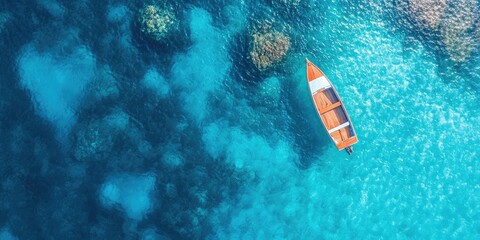 Aufkleber - Aerial view of a wooden boat in clear turquoise water surrounded by coral reefs and rocks, reflecting sunlight, creating a serene seascape.