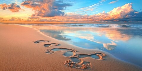 Aufkleber - Tranquil beach scene with footprints in wet sand reflecting hues of orange and blue from sky with clouds in background evoking serenity and peace