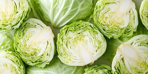 Aufkleber - Fresh green cabbage sliced, arranged in circular patterns on a light background, showcasing vibrant leaves and inner textures.