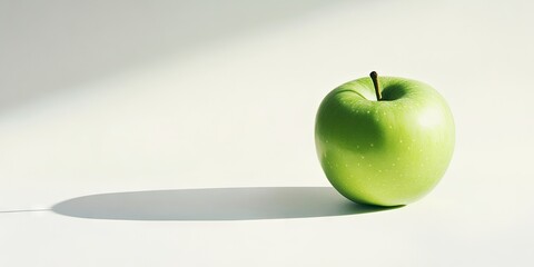 Poster - Single fresh green apple positioned on a light white background casting a soft shadow to the right highlighting its vibrant color and texture.