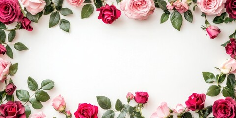 Aufkleber - Romantic floral frame with pink and red roses surrounding a blank white center space, lush green leaves interspersed for added texture.