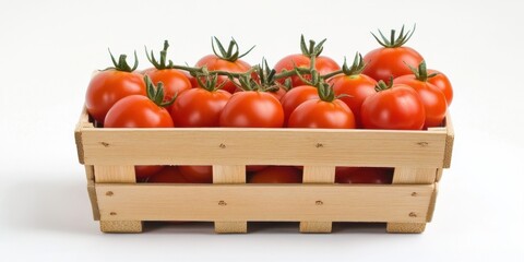 Poster - Vibrant red tomatoes arranged in a wooden basket against a clean white background highlighting their freshness and natural appeal.