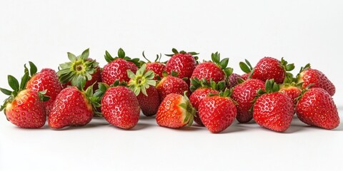 Poster - Fresh ripe strawberries arranged in a scattered horizontal line on a clean white background showcasing their vibrant red color and green leaves