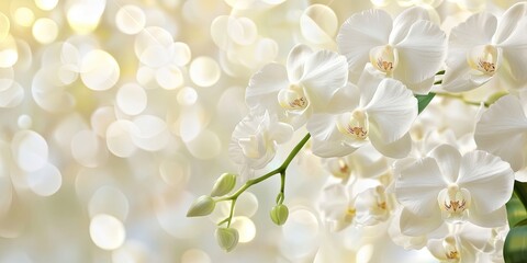 Aufkleber - Delicate white orchids with soft green buds against a blurred golden bokeh background creating a serene and elegant floral composition.