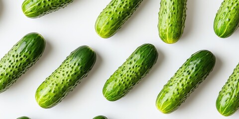 Poster - Fresh green cucumbers arranged in a repetitive pattern on a light background showcasing their texture and natural shine.