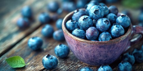 Poster - Fresh blueberries in a rustic purple bowl on a weathered wooden table surrounded by scattered berries and green leaves in natural light.