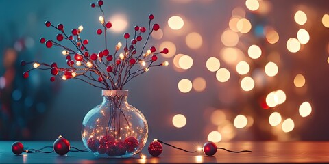 Poster - Festive Christmas light backdrop with a circular glass vase filled with red berries and ornaments creating a warm glow on a soft blue background
