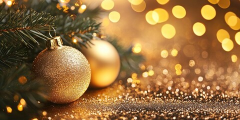 Poster - Golden bokeh lights on a warm golden backdrop with Christmas ornaments and green pine needles in the foreground creating a festive atmosphere