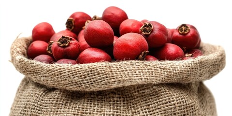 Poster - Burlap sack filled with vibrant red crab apples positioned centrally against a clean white background, emphasizing natural textures and colors.