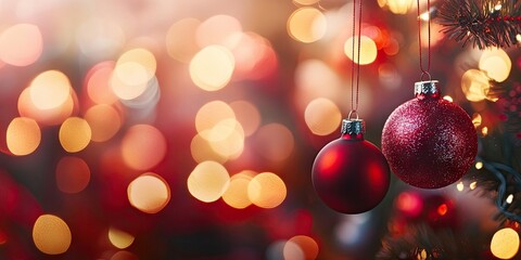 Poster - Festive bokeh backdrop featuring red and gold Christmas ornaments hanging against a blurred warm colored light background.