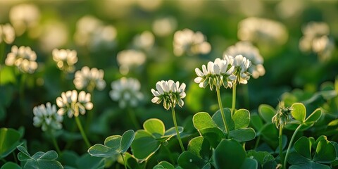 Poster - Lush white clover flowers blooming in a vibrant green meadow with soft sunlight illuminating delicate petals and rich foliage in a serene setting