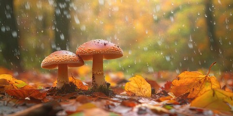 Poster - Vibrant autumn forest scene featuring two fresh boletus mushrooms in the foreground surrounded by colorful fallen leaves and gentle raindrops in the background