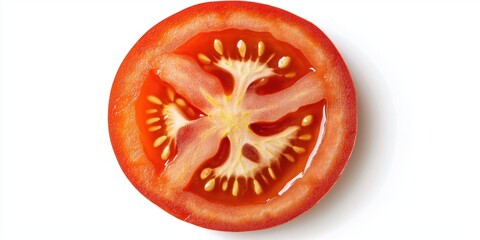Poster - Vibrant red tomato slice on a clean white background showcasing glossy texture and detailed seeds positioned at the center of the image