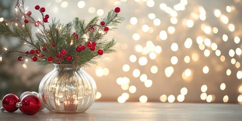 Poster - Festive holiday backdrop with a glass vase holding red berries and evergreen, glowing light spots in the background, ample space for text.