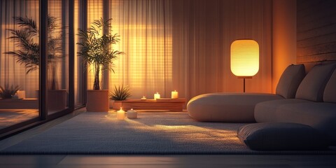 Wall Mural - Calming living room with soft warm lighting, soothing neutral tones, plush seating, and candles creating a serene atmosphere at dusk