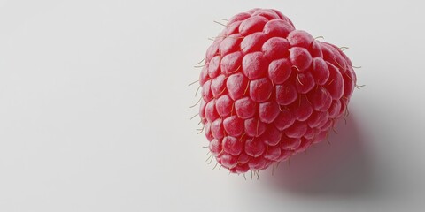 Poster - Vibrant close-up of a single fresh raspberry with rich red color and detailed texture positioned slightly to the right on a white background