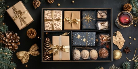 Poster - Elegant New Year gift box arrangement with golden accents pinecones stars and festive decorations on a dark background ideal for holiday joyåˆ†äº«