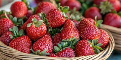 Poster - Freshly picked bright red strawberries in wicker baskets, arranged artfully with vibrant green leaves, showcasing a bountiful harvest feel.