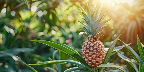 Poster - Vibrant young pineapple grows amidst lush green foliage in a tropical garden with warm sunlight illuminating the scene from the top right corner.